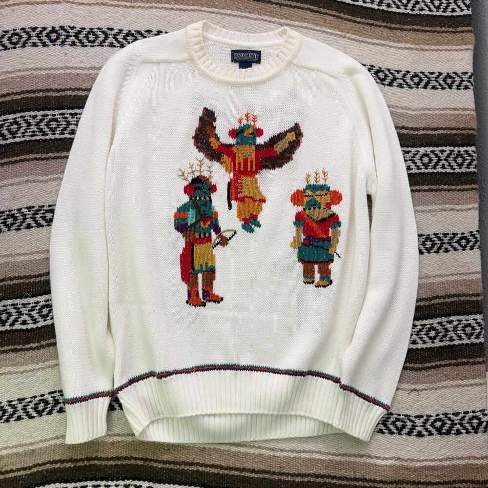 Women's Vintage 90's Lands' End White Southwestern Knit Crewneck Sweater Sz L